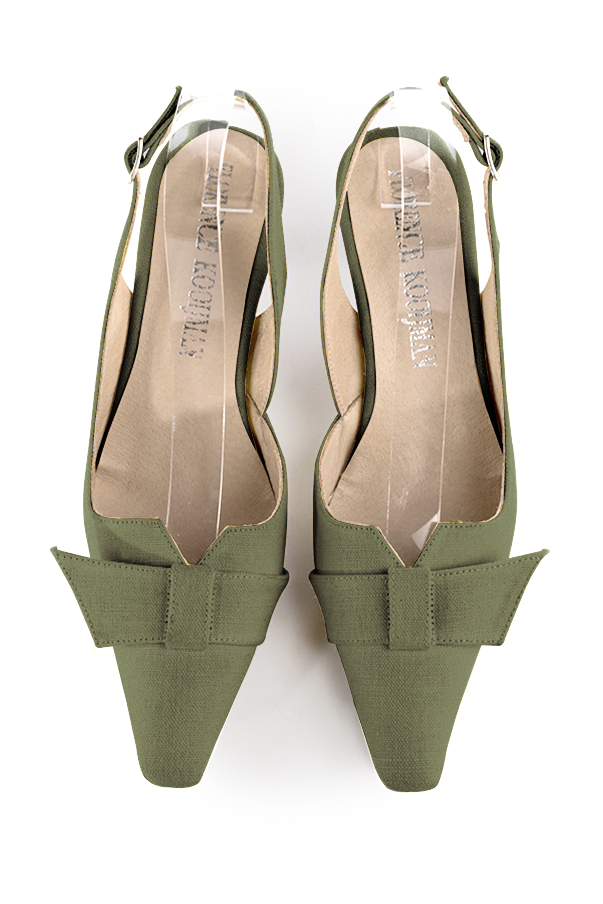 Khaki green women's open back shoes, with a knot. Tapered toe. Medium spool heels. Top view - Florence KOOIJMAN